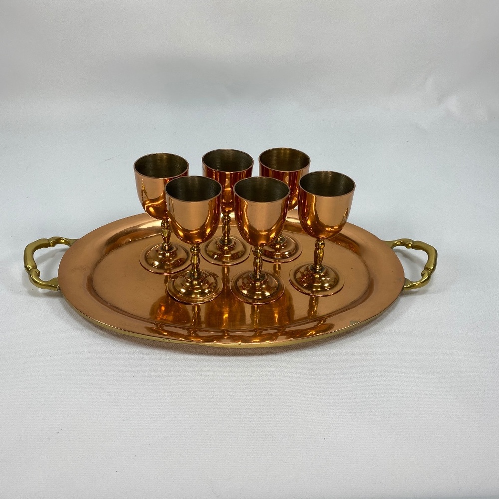 VTG Mexico Brass Copper Plate 6 Tequila Stem Cups & Oval Tray w Handles 11 x 7